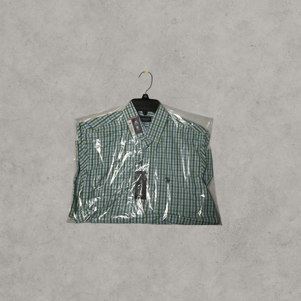 US Polo Assn Mens Performance Gingham Dress Shirt Green Blue Medium NWT